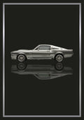 Eleanor – Tarmac Black art print: a silver 1967 Mustang fastback in flat side profile with side scoops and five-spoke wheels picked out in chrome, floating over its own soft mirrored reflection, inside a thin metallic border, set on a near black ground