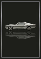 Eleanor – Tarmac Black art print: a silver 1967 Mustang fastback in flat side profile with side scoops and five-spoke wheels picked out in chrome, floating over its own soft mirrored reflection, inside a thin metallic border, set on a near black ground