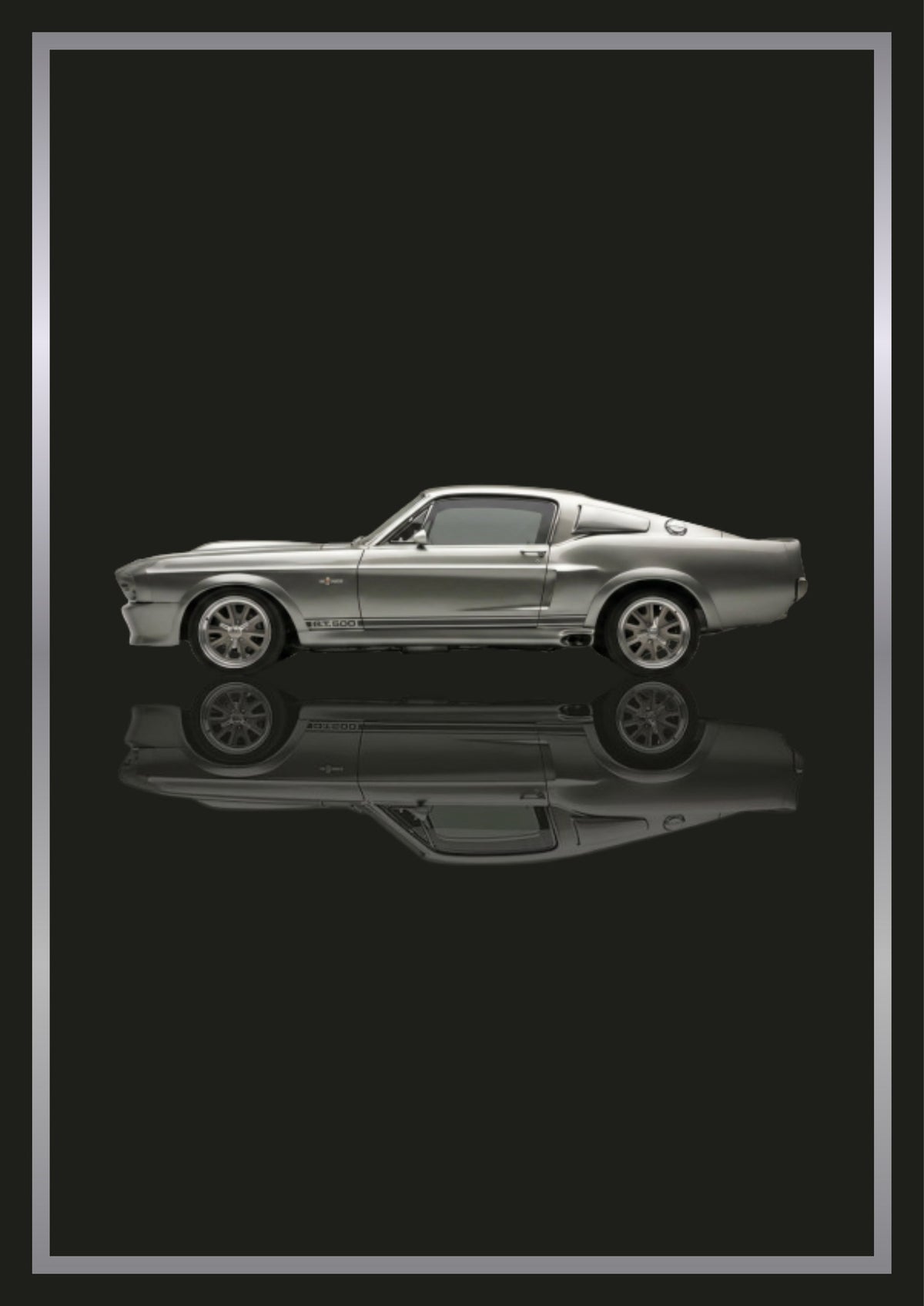 Eleanor – Tarmac Black art print: a silver 1967 Mustang fastback in flat side profile with side scoops and five-spoke wheels picked out in chrome, floating over its own soft mirrored reflection, inside a thin metallic border, set on a near black ground