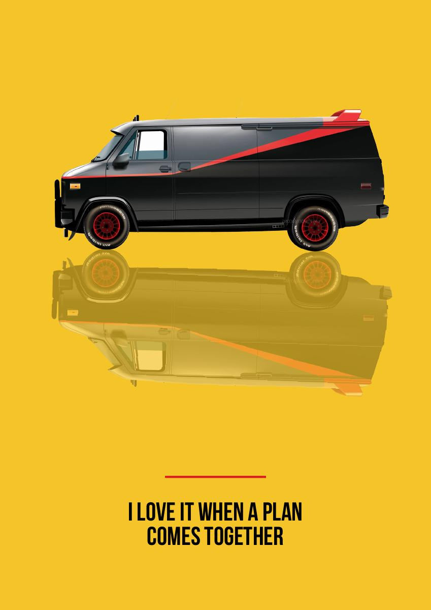 I Love It When a Plan Comes Together – Amber Yellow art print: a black and grey GMC Vandura side-on, red stripe running its length and red wheels, a soft reflection underneath on a warm amber yellow ground, I LOVE IT WHEN A PLAN COMES TOGETHER lettered small at the bottom