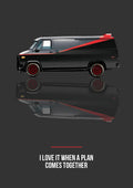 I Love It When a Plan Comes Together – Charcoal art print: a black and grey GMC Vandura in flat side profile, red stripe along its flank and red wheels, reflection pooling below on a charcoal ground, I LOVE IT WHEN A PLAN COMES TOGETHER lettered small beneath