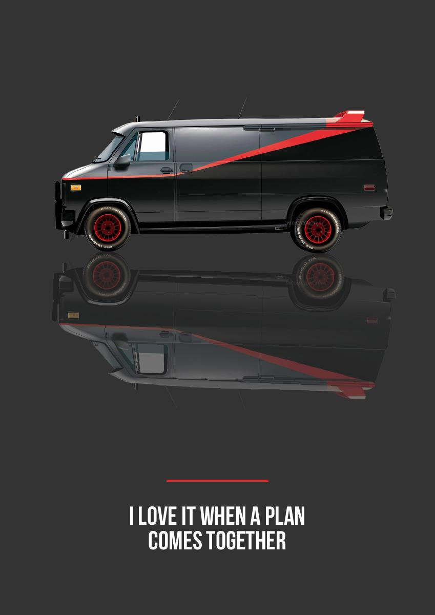 I Love It When a Plan Comes Together – Charcoal art print: a black and grey GMC Vandura in flat side profile, red stripe along its flank and red wheels, reflection pooling below on a charcoal ground, I LOVE IT WHEN A PLAN COMES TOGETHER lettered small beneath