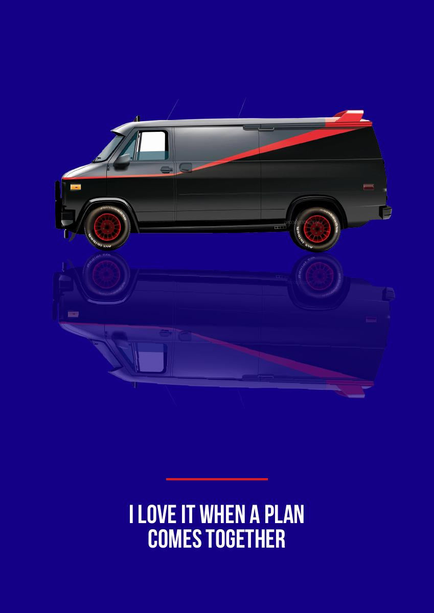 I Love It When a Plan Comes Together – Midnight Navy art print: a black and grey GMC Vandura flat and side-on, red stripe down its flank and red wheels, reflected softly on a deep midnight navy ground, I LOVE IT WHEN A PLAN COMES TOGETHER lettered underneath