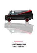 I Love It When a Plan Comes Together – Off White art print: a black and grey GMC Vandura drawn side-on, red stripe cutting along the flank and red wheels below, mirrored on an off white ground, I LOVE IT WHEN A PLAN COMES TOGETHER in small caps at the foot