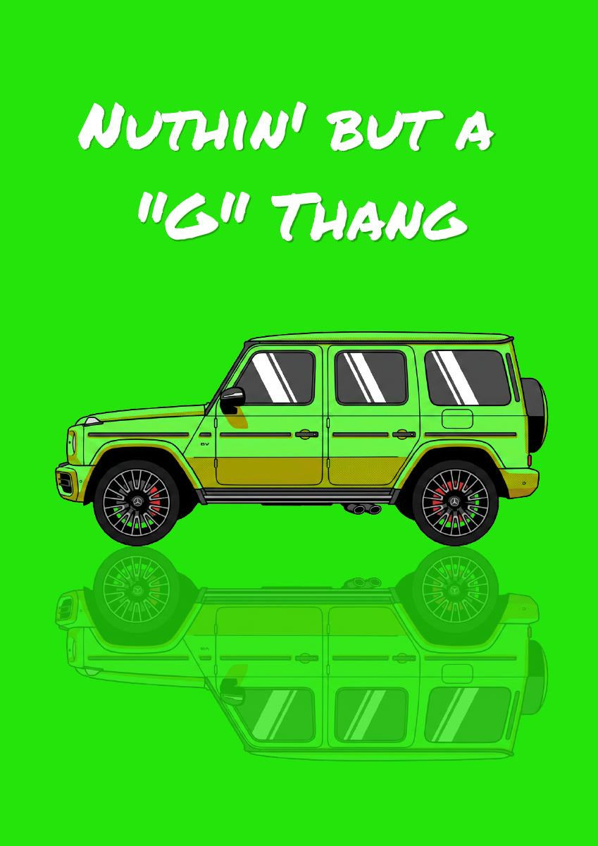Nuthin' But A "G" Thang – Acid Green art print: flat illustration of a boxy luxury 4x4 in side profile with white striped windows and dark alloy wheels on a vivid acid green ground, mirrored beneath, title in white brush script