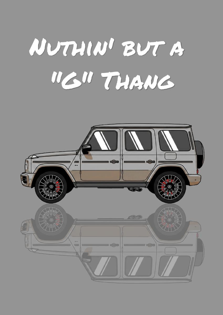 Nuthin' But A "G" Thang – Concrete Grey art print: flat illustration of a boxy luxury 4x4 in side profile with white striped windows and dark alloy wheels on a flat concrete grey ground, mirrored beneath, title in white brush script