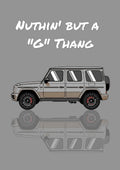 Nuthin' But A "G" Thang – Concrete Grey art print: flat illustration of a boxy luxury 4x4 in side profile with white striped windows and dark alloy wheels on a flat concrete grey ground, mirrored beneath, title in white brush script
