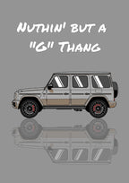 Nuthin' But A "G" Thang – Concrete Grey art print: flat illustration of a boxy luxury 4x4 in side profile with white striped windows and dark alloy wheels on a flat concrete grey ground, mirrored beneath, title in white brush script