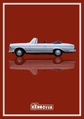 The Hangover – Roulette Red art print: a white Mercedes convertible in flat side profile with the roof folded back and chrome catching the light, floating over its own soft mirrored reflection, with The Hangover wordmark below, set on a dark oxblood red ground