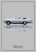 The Hangover – Silver Mist art print: a white Mercedes convertible in flat side profile with the roof folded back and chrome catching the light, floating over its own soft mirrored reflection, with The Hangover wordmark below, set on a pale silver grey ground