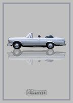 The Hangover – Silver Mist art print: a white Mercedes convertible in flat side profile with the roof folded back and chrome catching the light, floating over its own soft mirrored reflection, with The Hangover wordmark below, set on a pale silver grey ground