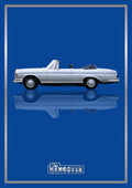 The Hangover – Vegas Blue art print: a white Mercedes convertible in flat side profile with the roof folded back and chrome catching the light, floating over its own soft mirrored reflection, with The Hangover wordmark below, set on a deep royal blue ground