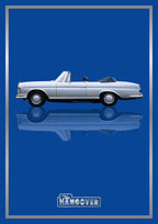 The Hangover – Vegas Blue art print: a white Mercedes convertible in flat side profile with the roof folded back and chrome catching the light, floating over its own soft mirrored reflection, with The Hangover wordmark below, set on a deep royal blue ground