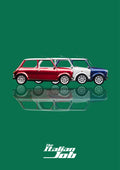 The Italian Job – Alpine Green art print: three Minis in red, white and blue lined up nose to tail in flat side profile, each floating over its own soft mirrored reflection, with The Italian Job wordmark below, set on a rich emerald green ground
