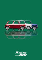 The Italian Job – Alpine Green art print: three Minis in red, white and blue lined up nose to tail in flat side profile, each floating over its own soft mirrored reflection, with The Italian Job wordmark below, set on a rich emerald green ground
