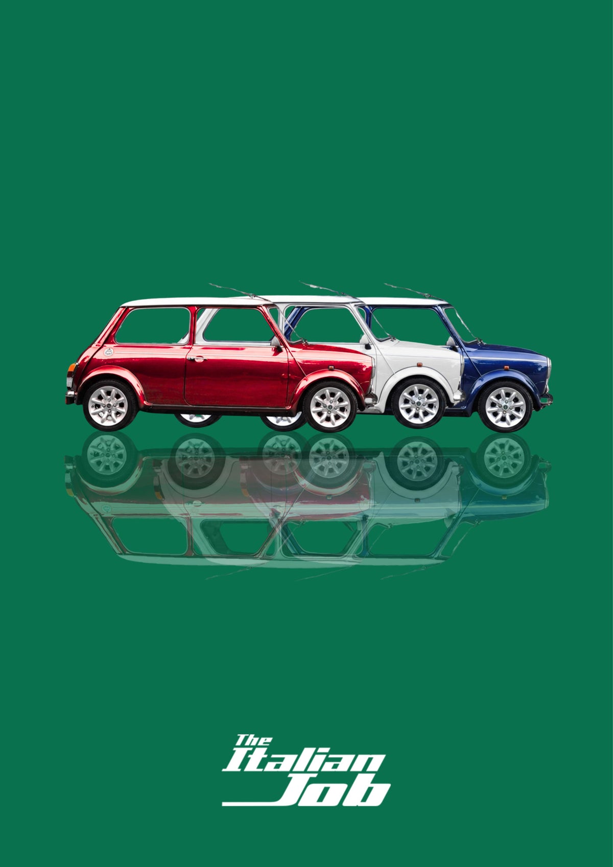 The Italian Job – Alpine Green art print: three Minis in red, white and blue lined up nose to tail in flat side profile, each floating over its own soft mirrored reflection, with The Italian Job wordmark below, set on a rich emerald green ground