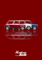 The Italian Job – Crimson Red art print: three Minis in red, white and blue lined up nose to tail in flat side profile, each floating over its own soft mirrored reflection, with The Italian Job wordmark below, set on a deep crimson ground
