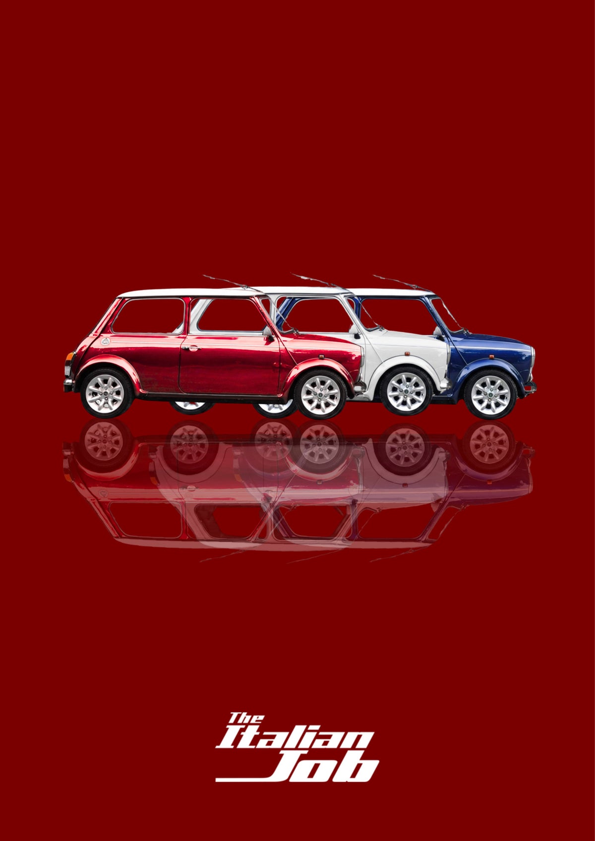 The Italian Job – Crimson Red art print: three Minis in red, white and blue lined up nose to tail in flat side profile, each floating over its own soft mirrored reflection, with The Italian Job wordmark below, set on a deep crimson ground