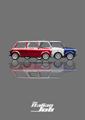 The Italian Job – Getaway Grey art print: three Minis in red, white and blue lined up nose to tail in flat side profile, each floating over its own soft mirrored reflection, with The Italian Job wordmark below, set on a flat mid grey ground