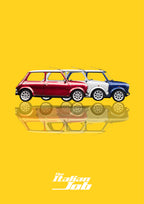 The Italian Job – Gold Bullion art print: three Minis in red, white and blue lined up nose to tail in flat side profile, each floating over its own soft mirrored reflection, with The Italian Job wordmark below, set on a bright bullion gold ground