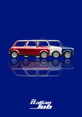 The Italian Job – Turin Blue art print: three Minis in red, white and blue lined up nose to tail in flat side profile, each floating over its own soft mirrored reflection, with The Italian Job wordmark below, set on a deep navy blue ground
