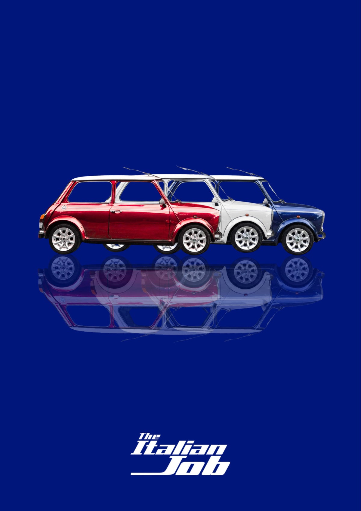 The Italian Job – Turin Blue art print: three Minis in red, white and blue lined up nose to tail in flat side profile, each floating over its own soft mirrored reflection, with The Italian Job wordmark below, set on a deep navy blue ground