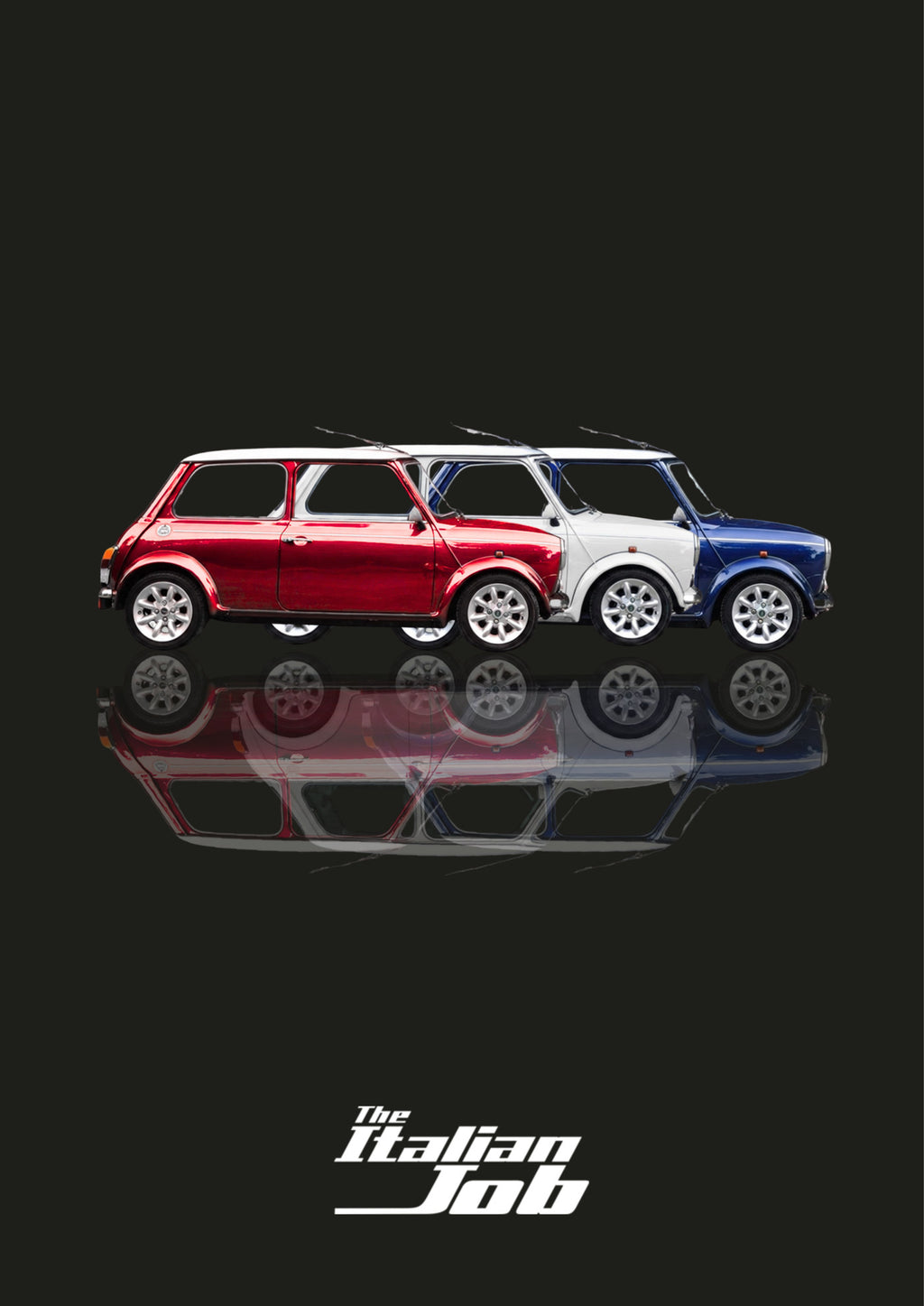 The Italian Job – Union Black art print: three Minis in red, white and blue lined up nose to tail in flat side profile, each floating over its own soft mirrored reflection, with The Italian Job wordmark below, set on a near black ground