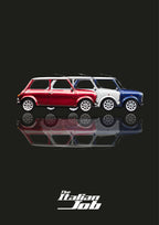 The Italian Job – Union Black art print: three Minis in red, white and blue lined up nose to tail in flat side profile, each floating over its own soft mirrored reflection, with The Italian Job wordmark below, set on a near black ground