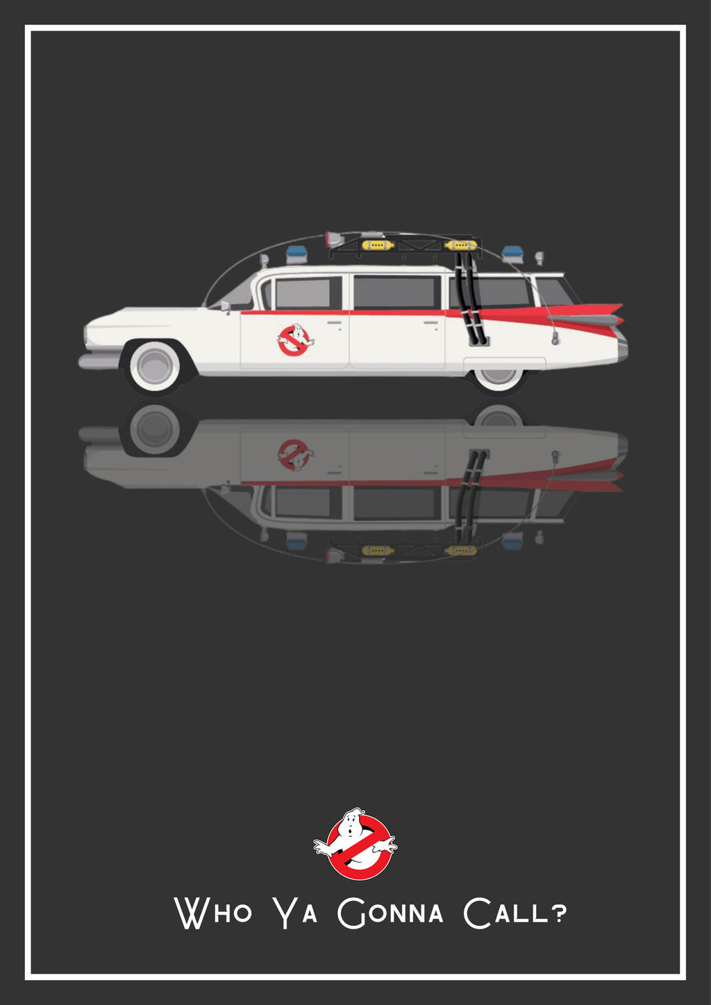 Who Ya Gonna Call? – Charcoal art print: a converted 1959 Cadillac ambulance drawn flat in side profile, roof rack piled with kit and a red stripe down the body, floating over its own soft mirrored reflection, with the no-ghost badge and the line Who Ya Gonna Call? beneath, set on a deep charcoal ground