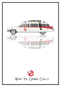 Who Ya Gonna Call? – Marshmallow White art print: a converted 1959 Cadillac ambulance drawn flat in side profile, roof rack piled with kit and a red stripe down the body, floating over its own soft mirrored reflection, with the no-ghost badge and the line Who Ya Gonna Call? beneath, set on a clean white ground