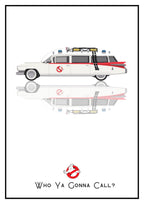 Who Ya Gonna Call? – Marshmallow White art print: a converted 1959 Cadillac ambulance drawn flat in side profile, roof rack piled with kit and a red stripe down the body, floating over its own soft mirrored reflection, with the no-ghost badge and the line Who Ya Gonna Call? beneath, set on a clean white ground