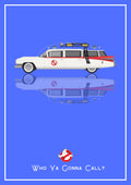 Who Ya Gonna Call? – Proton Blue art print: a converted 1959 Cadillac ambulance drawn flat in side profile, roof rack piled with kit and a red stripe down the body, floating over its own soft mirrored reflection, with the no-ghost badge and the line Who Ya Gonna Call? beneath, set on an electric cobalt blue ground