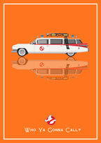 Who Ya Gonna Call? – Siren Orange art print: a converted 1959 Cadillac ambulance drawn flat in side profile, roof rack piled with kit and a red stripe down the body, floating over its own soft mirrored reflection, with the no-ghost badge and the line Who Ya Gonna Call? beneath, set on a hot siren orange ground