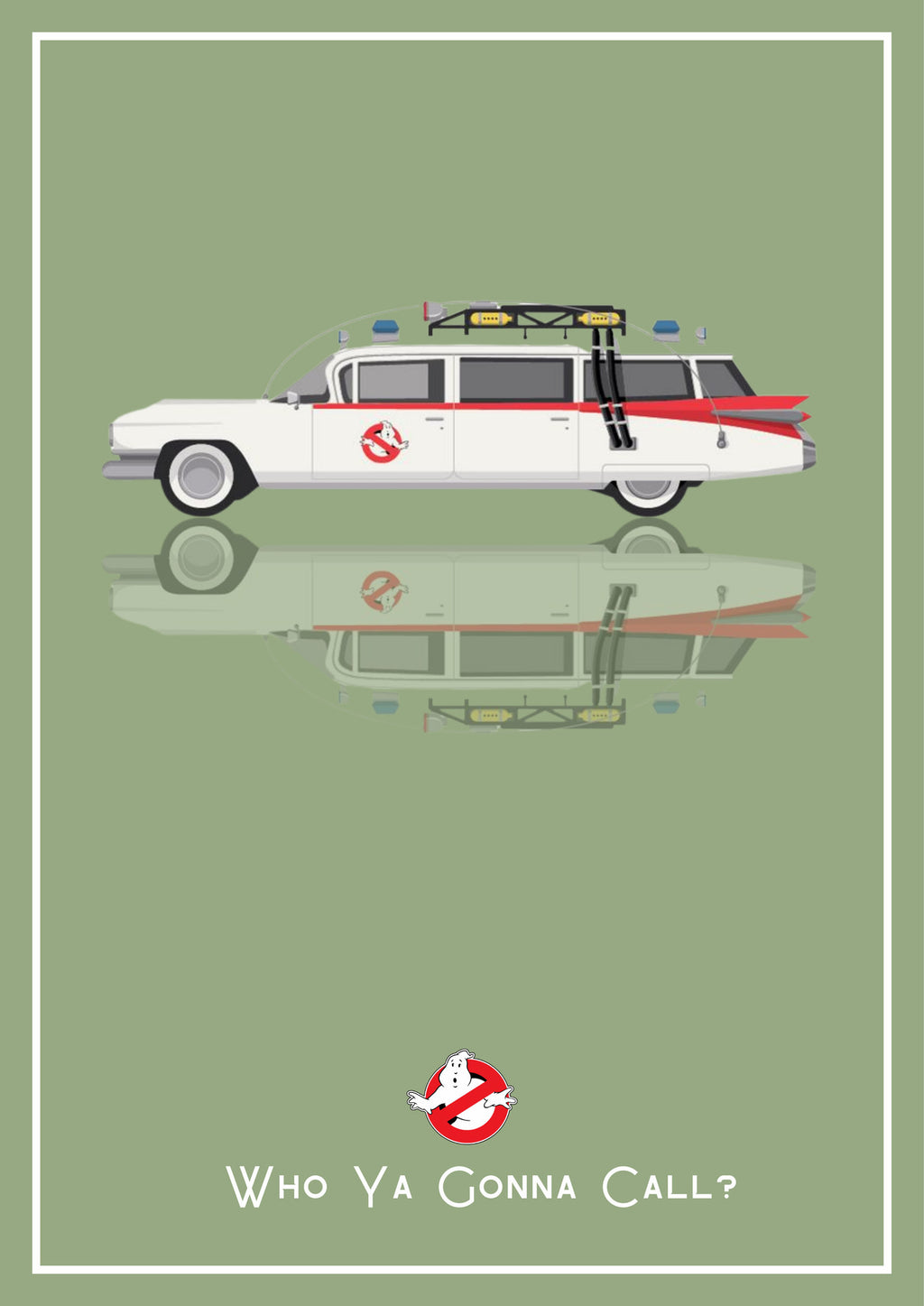 Who Ya Gonna Call? – Slime Green art print: a converted 1959 Cadillac ambulance drawn flat in side profile, roof rack piled with kit and a red stripe down the body, floating over its own soft mirrored reflection, with the no-ghost badge and the line Who Ya Gonna Call? beneath, set on a soft sage green ground