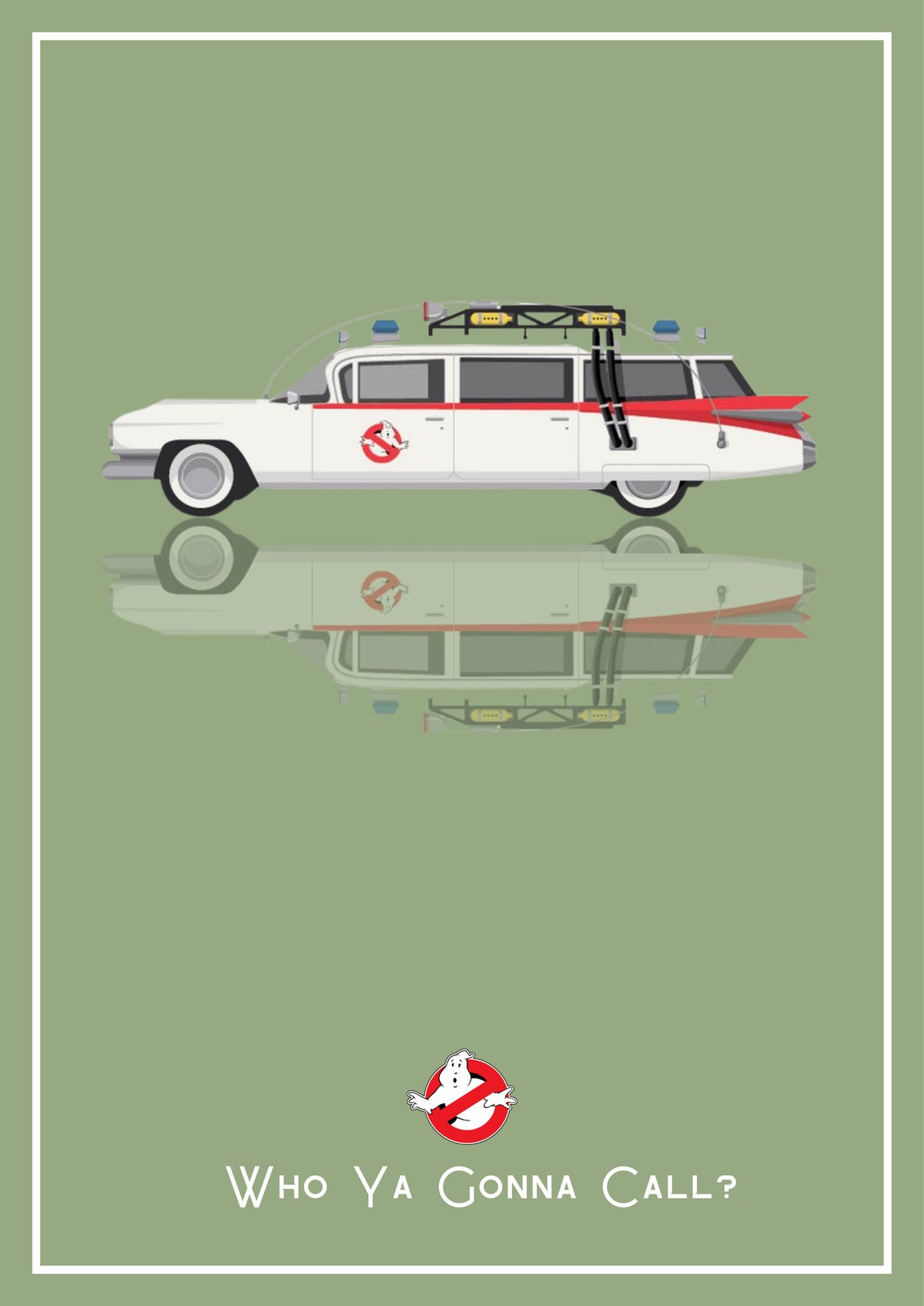 Who Ya Gonna Call? – Slime Green art print: a converted 1959 Cadillac ambulance drawn flat in side profile, roof rack piled with kit and a red stripe down the body, floating over its own soft mirrored reflection, with the no-ghost badge and the line Who Ya Gonna Call? beneath, set on a soft sage green ground