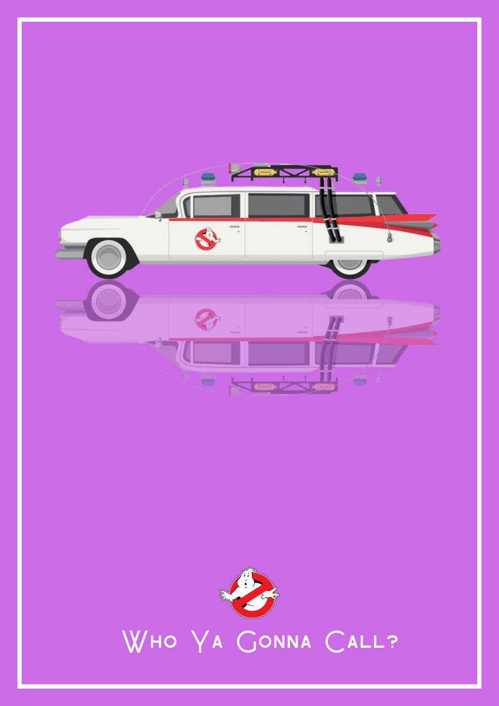 Who Ya Gonna Call? – Spectral Violet art print: a converted 1959 Cadillac ambulance drawn flat in side profile, roof rack piled with kit and a red stripe down the body, floating over its own soft mirrored reflection, with the no-ghost badge and the line Who Ya Gonna Call? beneath, set on a bright orchid violet ground