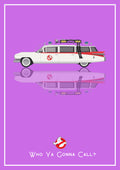 Who Ya Gonna Call? – Spectral Violet art print: a converted 1959 Cadillac ambulance drawn flat in side profile, roof rack piled with kit and a red stripe down the body, floating over its own soft mirrored reflection, with the no-ghost badge and the line Who Ya Gonna Call? beneath, set on a bright orchid violet ground