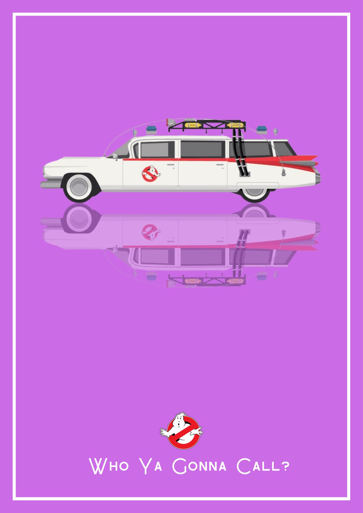Who Ya Gonna Call? – Spectral Violet art print: a converted 1959 Cadillac ambulance drawn flat in side profile, roof rack piled with kit and a red stripe down the body, floating over its own soft mirrored reflection, with the no-ghost badge and the line Who Ya Gonna Call? beneath, set on a bright orchid violet ground
