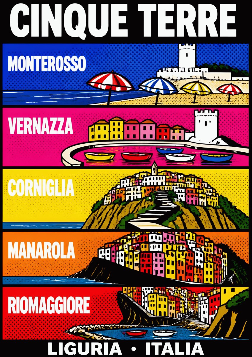 I Cinque Borghi — Cinque Terre art print: pop-art strip of the five villages labelled Monterosso, Vernazza, Corniglia, Manarola and Riomaggiore on blue, pink, yellow, orange and red bands