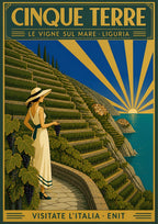 Le Vigne Sul Mare — Cinque Terre art print: woman in a white dress picking grapes on terraced clifftop vineyards above the sea at sunrise; deep green, gold sunburst, navy sky