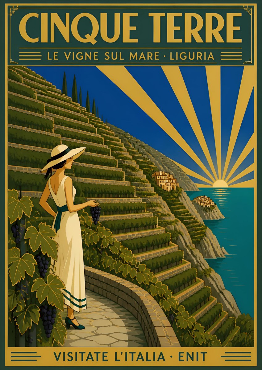 Le Vigne Sul Mare — Cinque Terre art print: woman in a white dress picking grapes on terraced clifftop vineyards above the sea at sunrise; deep green, gold sunburst, navy sky