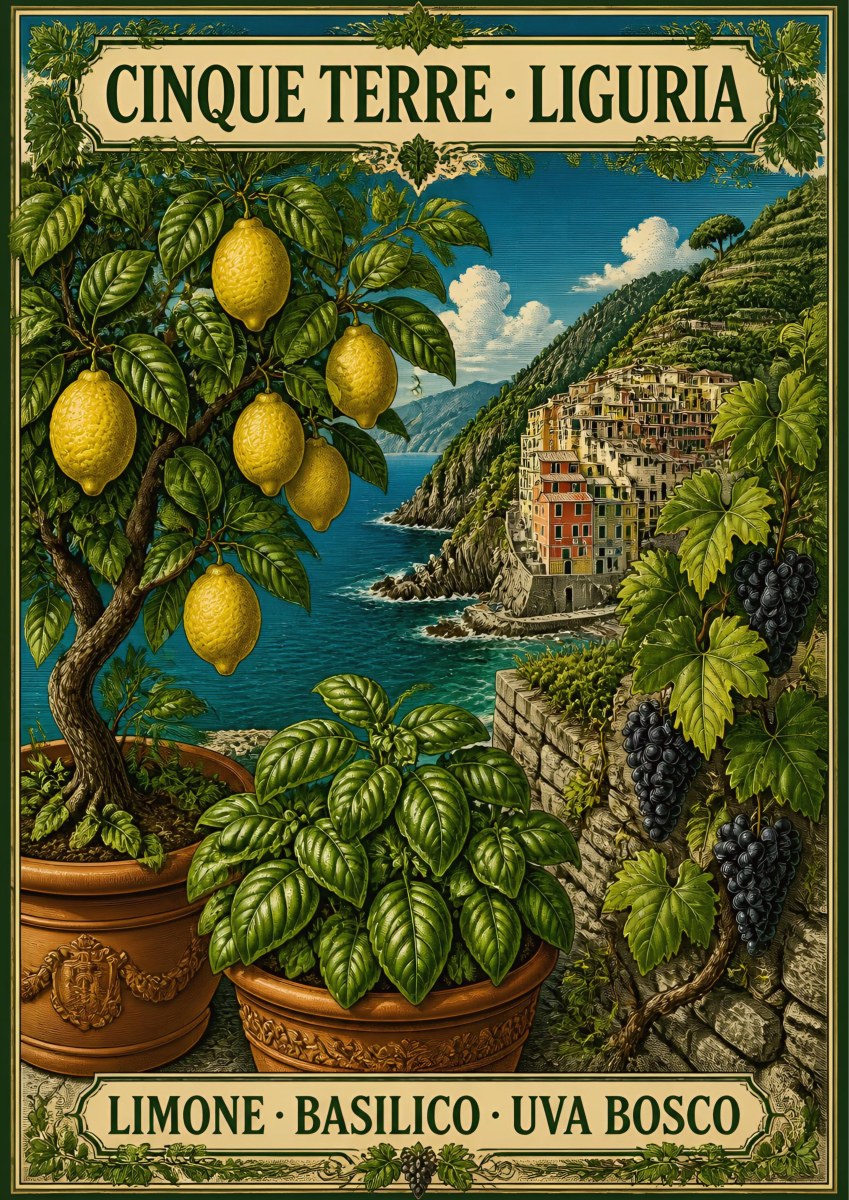 Limone Basilico Uva Bosco — Cinque Terre art print: botanical still life of a potted lemon tree, basil and dark grapes on a wall above Riomaggiore; rich greens, yellow fruit, blue sea
