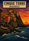 Manarola Al Tramonto — Cinque Terre art print: woodblock-style Manarola on its cliff at sunset with a beached boat; crimson and orange sky, dark rock, navy stylised waves