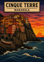 Manarola Al Tramonto — Cinque Terre art print: woodblock-style Manarola on its cliff at sunset with a beached boat; crimson and orange sky, dark rock, navy stylised waves