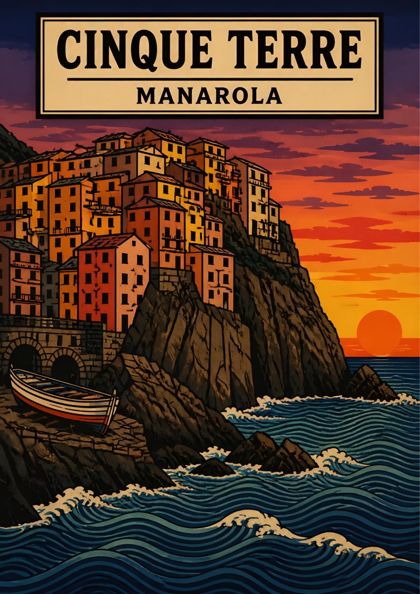 Manarola Al Tramonto — Cinque Terre art print: woodblock-style Manarola on its cliff at sunset with a beached boat; crimson and orange sky, dark rock, navy stylised waves