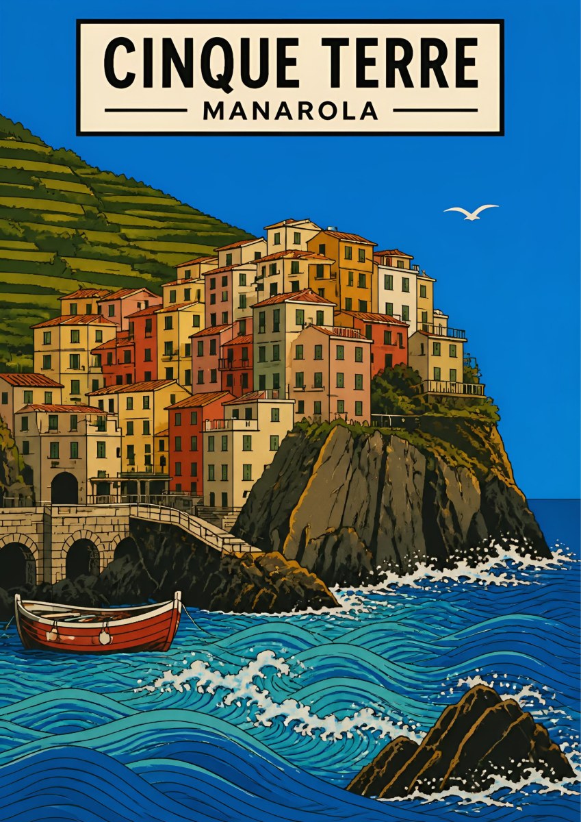 Manarola Blu — Cinque Terre art print: daylight Manarola on the headland with a red rowing boat and terraced hills; vivid cobalt sky and sea, pastel pink and yellow houses