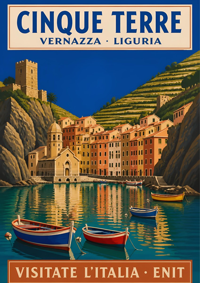 Vernazza — Cinque Terre art print: vernazza harbour with the Doria castle tower, church and moored rowing boats; terracotta and ochre houses, deep blue sky, jade water