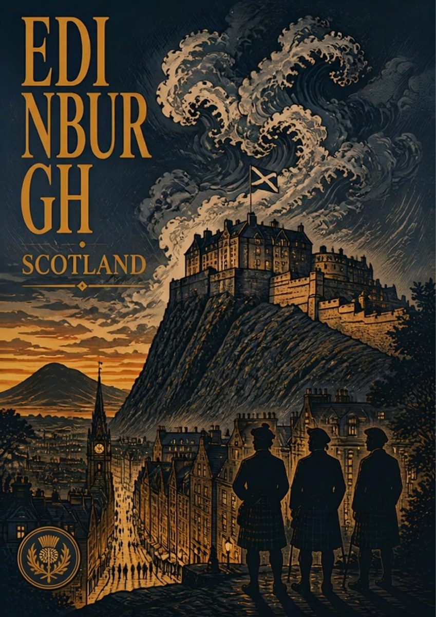 Auld Reekie — Edinburgh art print: dark woodblock night scene of the castle above the Old Town with chimney smoke curling into stylised waves, gold on midnight blue, kilted figures in silhouette