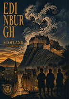 Auld Reekie — Edinburgh art print: dark woodblock night scene of the castle above the Old Town with chimney smoke curling into stylised waves, gold on midnight blue, kilted figures in silhouette