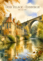 Dean Village — Edinburgh art print: autumn watercolour of Dean Village's stone houses on the Water of Leith beneath Dean Bridge, golden leaves and soft reflections